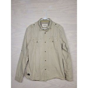 U.S. Army Men's Size L Khaki Snap Shirt Long Sleeve Pockets Beige Metal Buttons
